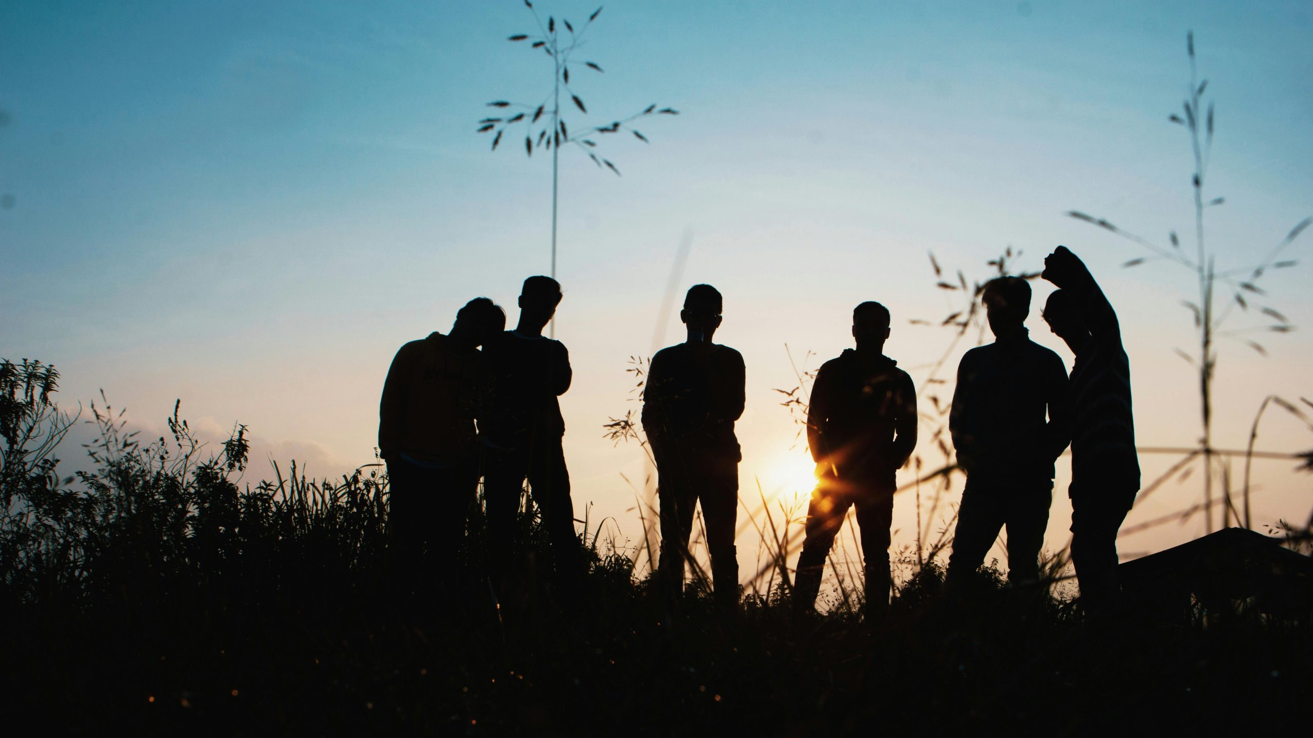 A group of friends silhouetted against the sunset, enjoying a moment in nature.